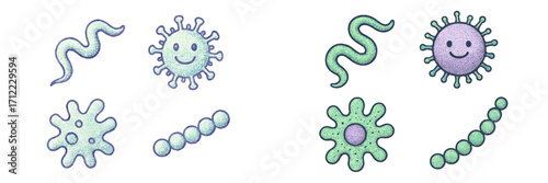 Adorable cartoon microorganisms featuring bacteria, viruses, and amoeba for educational and health concepts with a friendly appearance