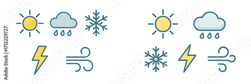 Modern collection of colorful weather forecast symbols for sun, rain, snow, lightning, and wind conditions