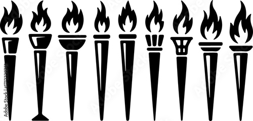 Collection of stylized black silhouette torches with flickering flames, symbolizing ancient traditions, modern events, and the spirit of competition and victory