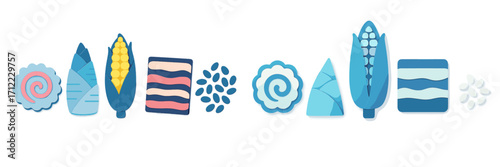 Stylized collection of various food ingredients including corn, bamboo shoots, narutomaki, bacon, beans, and rice for culinary use