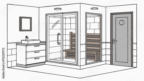 Isometric drawing of a modern bathroom with a shower and sauna design home renovation project interior design plan spa relaxation area.