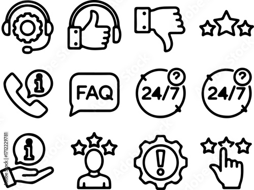 Customer Service and Support Icon Set Featuring Help, Feedback, and Communication Symbols for Enhanced User Experience