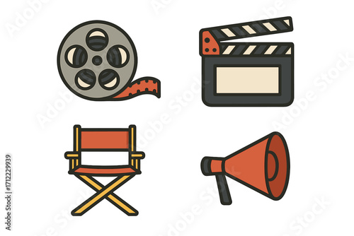Essential filmmaking equipment and movie production icons for cinema, video, and content creation projects