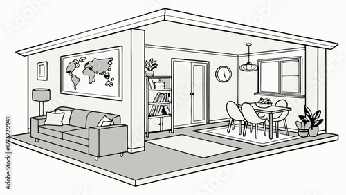 Isometric Drawing of Modern Living Room and Dining Room Interior Design Plan.