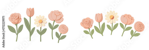 Beautiful delicate pastel spring flowers collection featuring roses tulips daisies and peonies in gentle soft colors