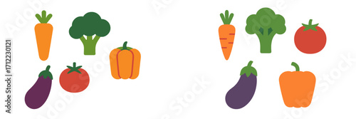 Colorful assortment of fresh garden vegetables including carrots, broccoli, eggplant, tomatoes, and bell peppers