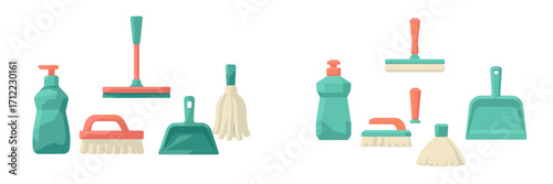 Set of various household cleaning tools and equipment including brushes, mops, dustpans, and detergent bottles