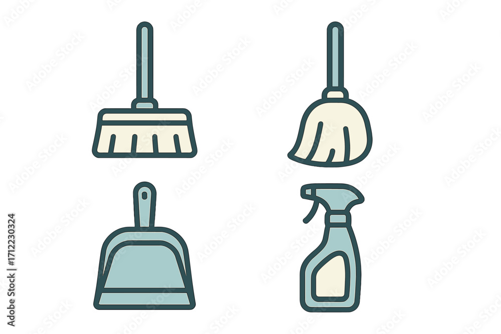 Obraz premium Collection of essential household cleaning tools including brooms, dustpan, and spray bottle for domestic chores