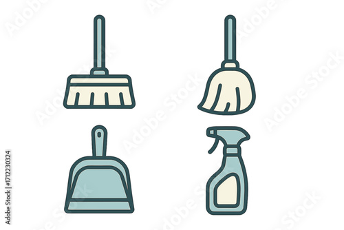Collection of essential household cleaning tools including brooms, dustpan, and spray bottle for domestic chores