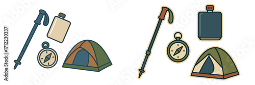 Essential outdoor adventure camping and hiking equipment set with trekking pole, compass, tent, and water bottle for wilderness exploration