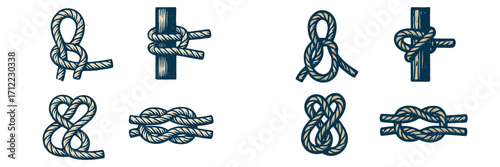 Detailed collection of traditional nautical rope knots and secure ties, essential for maritime, sailing, and boating themes