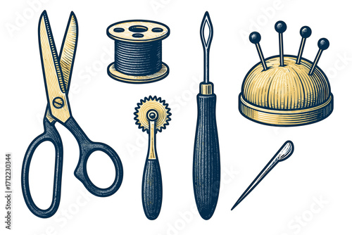 Classic sewing and tailoring tools and needlework accessories for crafting, textile design, and fashion projects