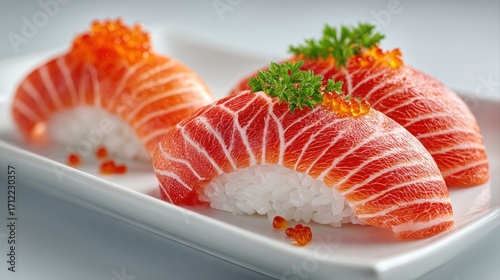 Exquisite Salmon Nigiri Sushi on a White Plate Showcasing Culinary Delights