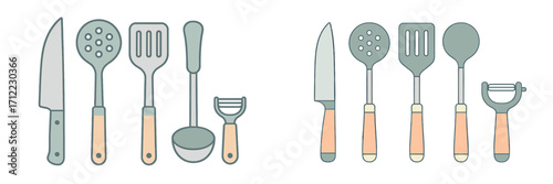 Assortment of essential kitchen utensils for cooking and food preparation including knife, ladle, spatula, and peeler