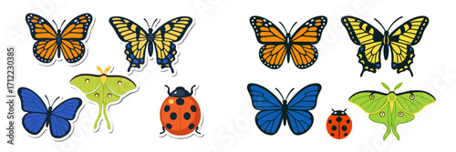 Vibrant flying insects: monarch butterflies, luna moths, and ladybugs, featuring unique designs and bright colors