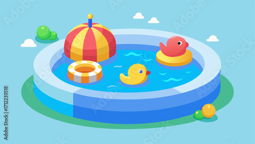 A toddler pool with shallow and gentle waters featuring colorful floating toys
