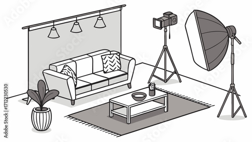 Isometric Illustration of a Photo Studio Setup with Sofa Lighting Equipment and Camera.