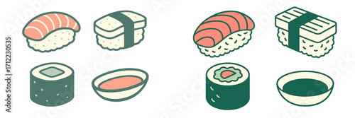 Set of popular Japanese sushi dishes including salmon nigiri, tamago nigiri, maki rolls, and a soy sauce bowl