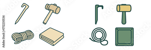 Collection of essential camping equipment including tent peg, mallet, rope, blanket, and ground pad for outdoor adventures and wilderness exploration