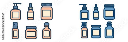 Modern collection of cosmetic product containers, beauty packaging icons, skincare bottles, and cream jars