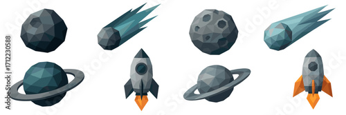 Low poly space objects set with planets, comets, and rockets in a geometric style for cosmic exploration designs