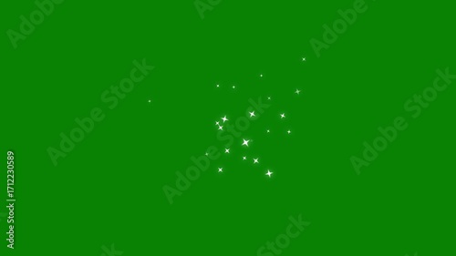 Simple white sparkle effect, glittering magic dust animation, cartoon twinkle stars trail, shining doodle star burst, glowing light particles loop on green transparent background. 4k
