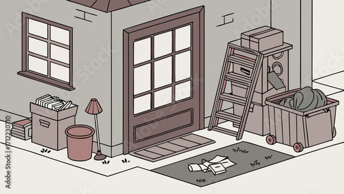 Isometric illustration of house exterior with moving boxes ladder and trash can.