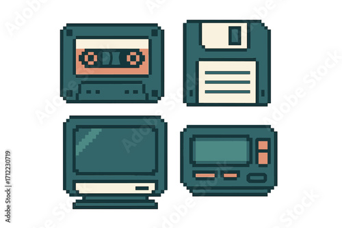 Collection of retro pixel art icons featuring vintage technology devices like cassette tape, floppy disk, old computer monitor, and classic pager