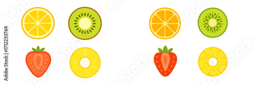 Bright and colorful collection of fresh tropical and berry fruit slices including lemon, kiwi, strawberry, and pineapple