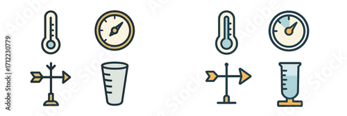 Weather and measurement instruments icons set including thermometer, compass, wind vane, and rain gauge