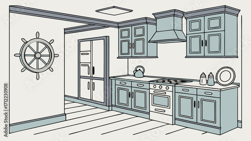 Kitchen interior design nautical theme blue cabinets ship wheel home decor illustration.