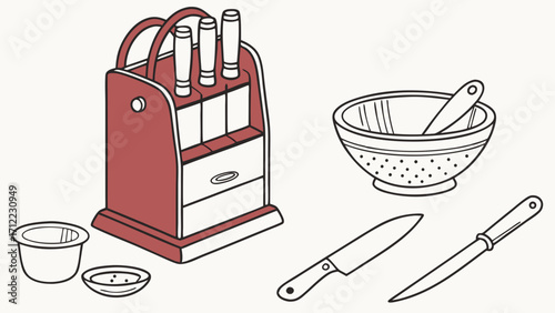 Kitchen Utensils and Cutlery Set Illustration Cooking Tools Red Block Knife Holder Colander Mortar and Pestle Design Food Preparation Icons Line Art Style.