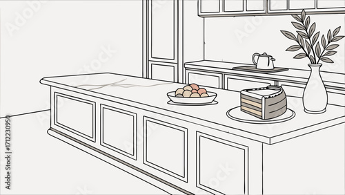 Kitchen Island with Cake and Fruit Modern Interior Design Illustration.
