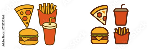 Assortment of classic fast food items featuring a pizza slice, cheeseburger, crispy french fries, and a refreshing soda