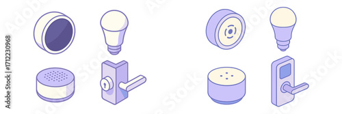 Modern smart home technology devices set featuring light bulb speaker thermostat and door lock icons