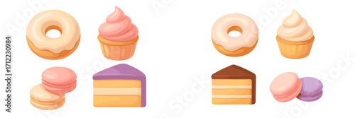 Variety of sweet baked goods and confectionery treats including donuts, cupcakes, and macarons with colorful icing and creamy fillings