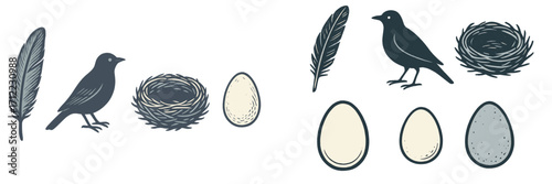 Collection of bird elements including nests, eggs, feathers, and adult birds in a natural style