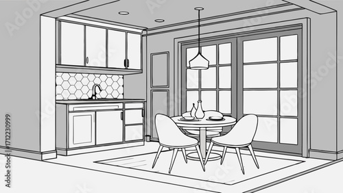 Kitchenette Design Small Dining Area Modern Interior Sketch Home Renovation Plan Architectural Drawing Compact Kitchen Layout Minimalist Kitchenette Interior Design Concept Home Decor Ill.
