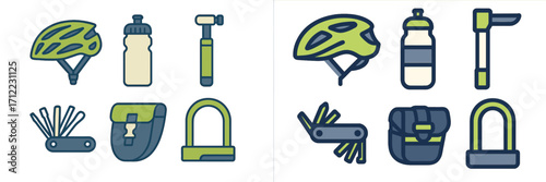 Bicycle accessories set including helmet, water bottle, pump, multi-tool, saddle bag, and U-lock