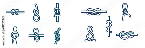 Comprehensive collection of essential rope knots and ties illustrated as outline icons for practical applications
