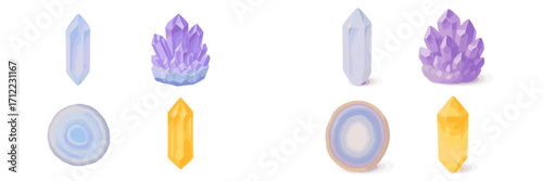 Set of various natural crystals, raw amethyst, polished quartz, and agate slices for spiritual healing and magic