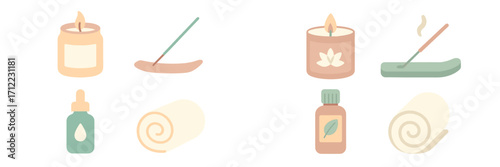 Aromatherapy and self-care objects for a calming spa experience including essential oils, candles, incense, and rolled towels