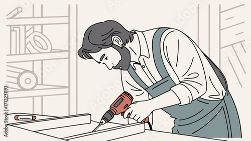 Man using a power drill in a workshop.