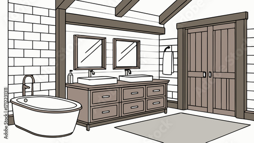 Modern Bathroom Interior Design Illustration Double Sink Vanity Freestanding Tub Wooden Beams Farmhouse Style Home Decor Architectural Drawing.