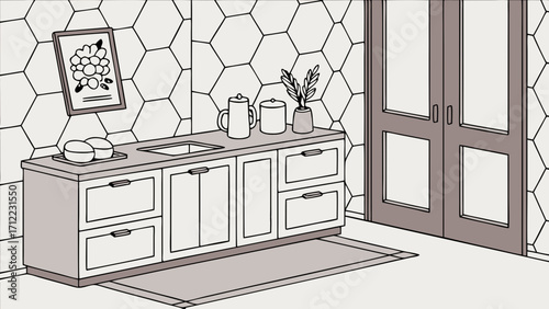 Modern Kitchenette Interior Design Illustration Minimalist Cabinetry and Hexagon Tile Backsplash.