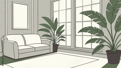 Modern living room interior design with sofa plants and large window.