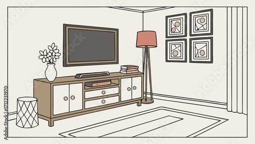 Modern Living Room Interior Design with TV Stand and Floor Lamp illustration.