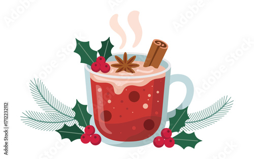 Cozy christmas hot drink with cinnamon and festive decorations