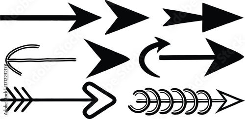 Collection of diverse hand drawn arrow icons in black and white representing direction movement progress and navigation elements for design projects