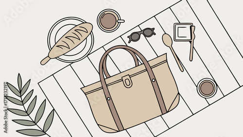 Picnic Bag and Breakfast Essentials Flat Lay Illustration.